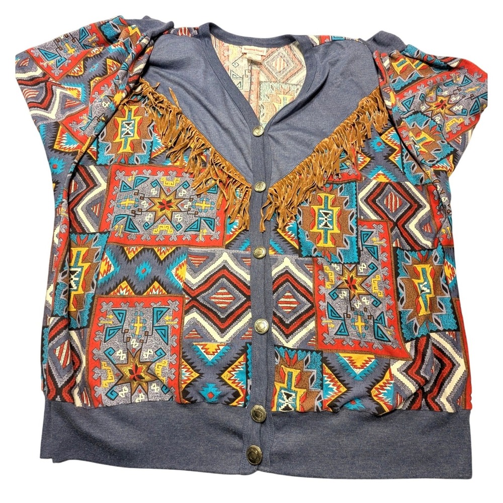 Vintage Young Stuff Southwestern Fringe Cardigan Blue Geometric 3X Made in USA